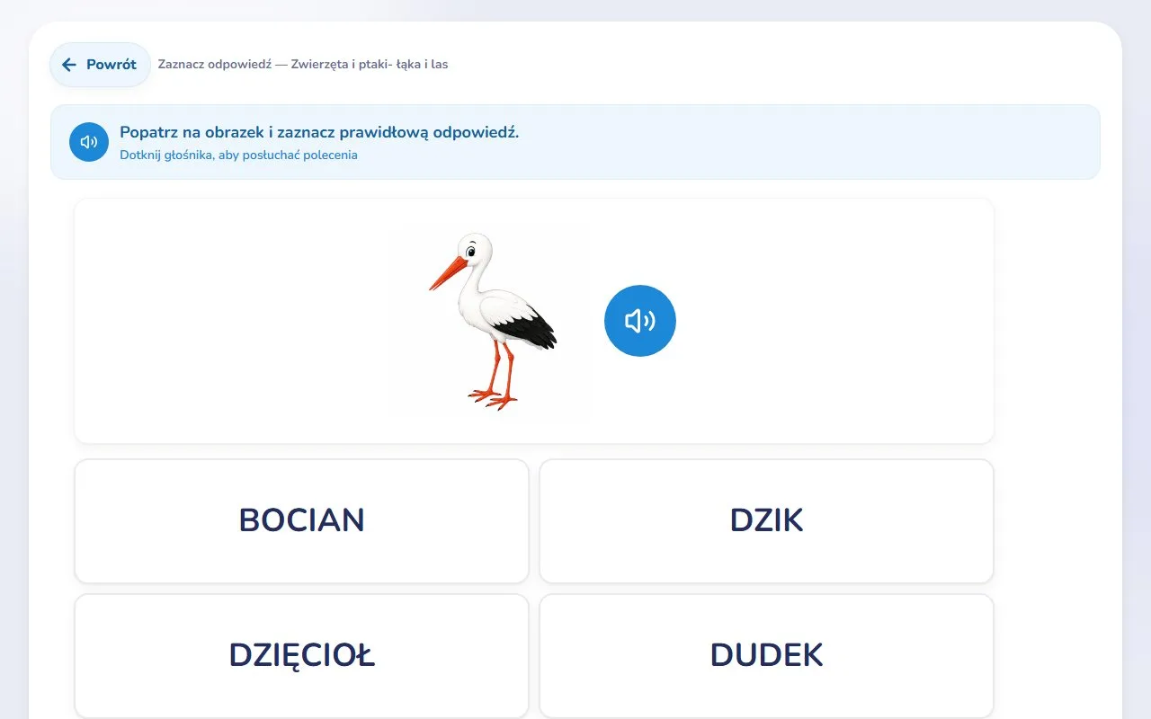 Zaznacz odpowiedź — Zwierzęta i ptaki- łąka i las