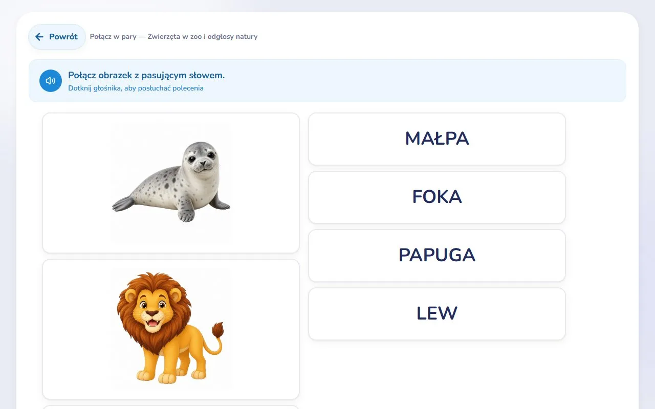 Połącz w pary — Zwierzęta w zoo i odgłosy natury