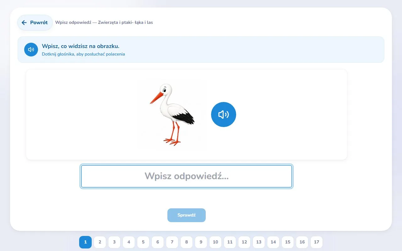 Wpisz odpowiedź — Zwierzęta i ptaki- łąka i las