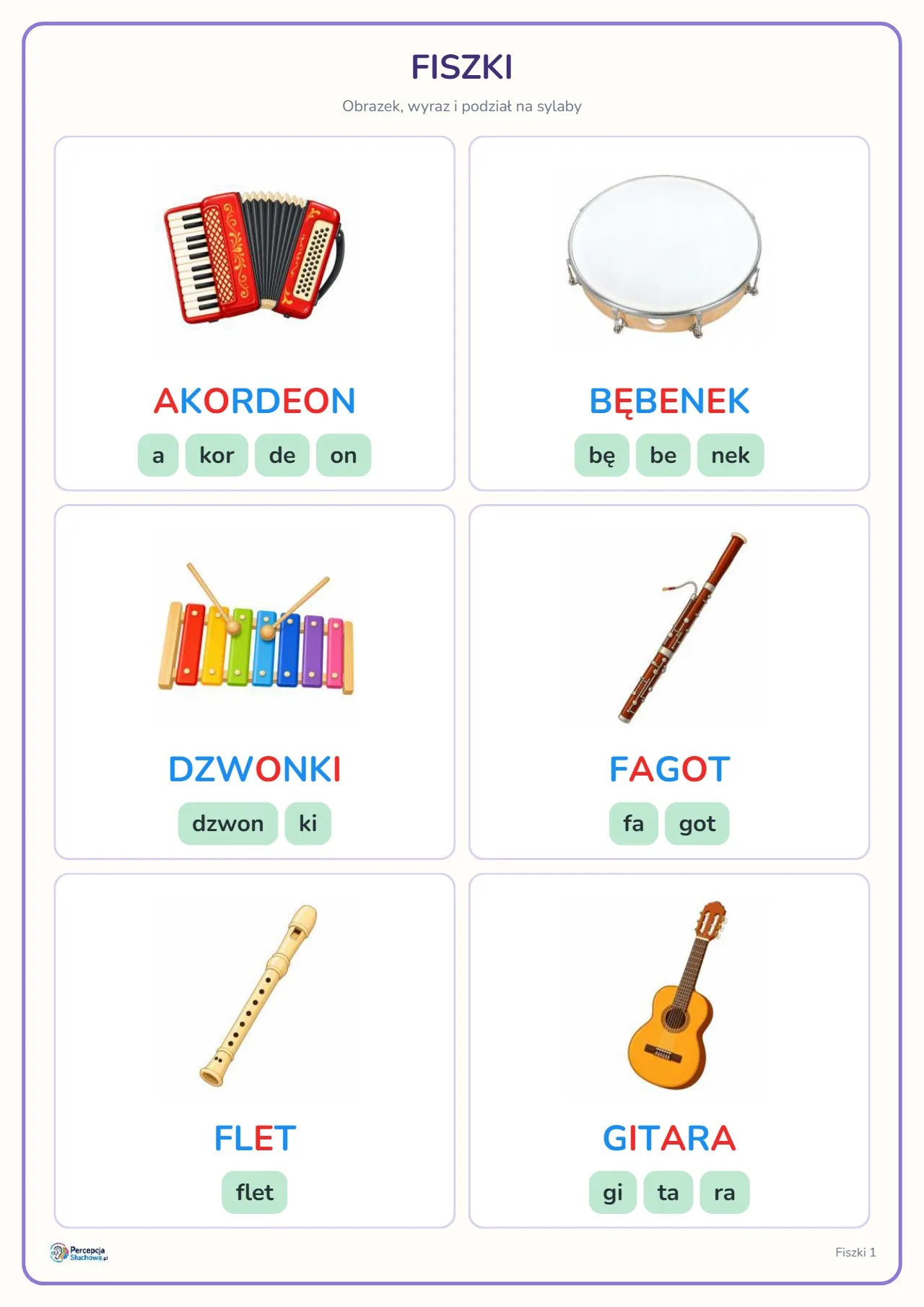 Instrumenty- 41 stron-analiza głoskowa, analiza sylabowa, domino, memory, fiszki, nauka pisania, samodzielny podpis, wytnij i ułóż